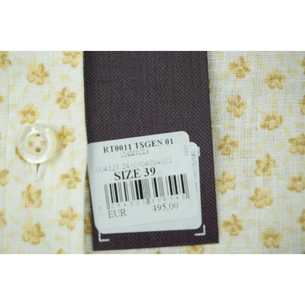 Isaia Napoli White Yellow Floral Long Sleeve Linen Dress Shirt 15.5/39 NEW - Picture 6 of 6